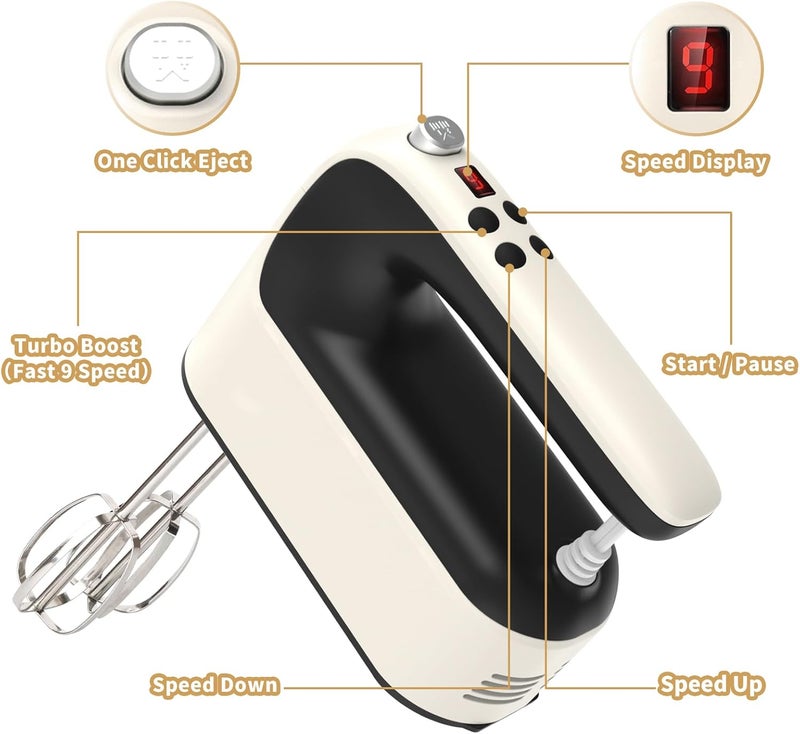 Yomelo 9-Speed Digital Hand Mixer Electric, 400W Powerful DC Motor, Hand Mixer Electric Handheld with Snap-On Storage Case, 5 Stainless Steel Accessories, Beaters, Dough Hooks, Whisk(Creamy/Black) - Image 2
